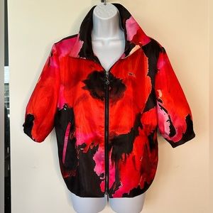 Samuel Dong Dupioni silk jacket multicolor floral poppy zip front puff sleeve XL